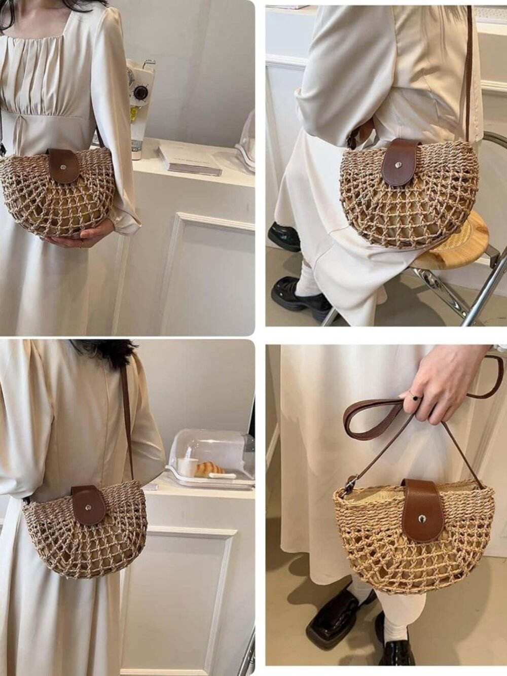 Straw Crossbody Bags for Women Trendy Boho Semicircular Shape Hollow Out Bag Chi - Picture 4 of 7